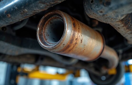 Dirty rusty old diesel particulate filter, significant part of car exhaust system seen from below. Heavy vehicle elevated on mechanical lift in pro auto repair workshop for diagnostic maintenance