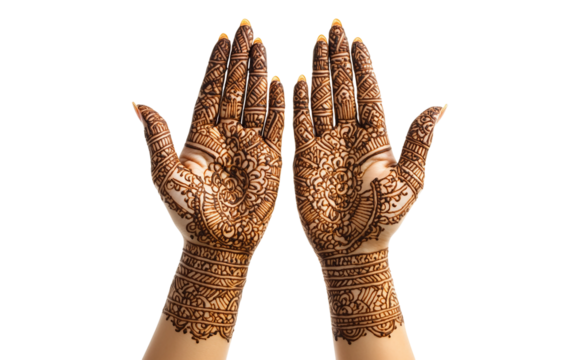 Creative portrayal of hands adorned with elaborate mehndi emphasizing festive decoration, traditional celebration, and artistic expression isolated on transparent background PNG