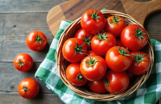 Ripe red tomatoes fill wicker basket atop checkered cloth. Fresh round vegetables rest on rustic wood table. Healthy harvest for cooking or salad preparation.