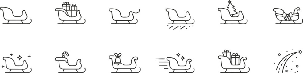 sleigh, sled, christmas, santa, holiday, gift, present, box, tree, christmas tree, candy cane, bell, ribbon, bow, sparkle, shine, speed, motion, festive, winter, icon, symbol, outline, line art, vecto
