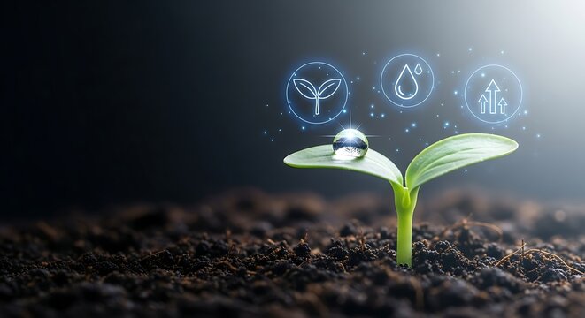 Vibrant Green Sprout with Digital Icons Symbolizing Sustainable Growth, Smart Farming Innovation, and Efficient Water Management for an Eco-Friendly Future