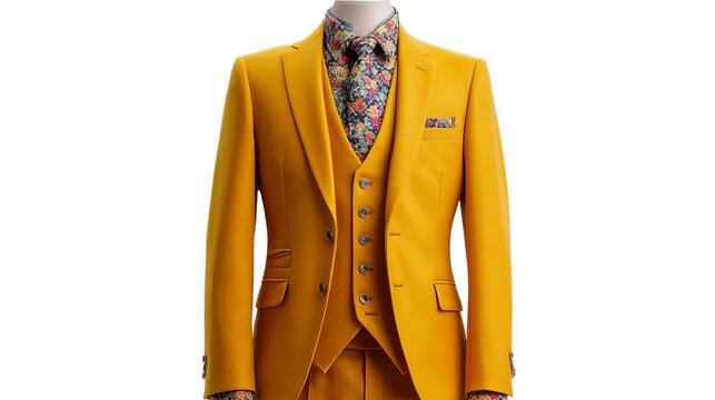 PNG of Stylish men's fashion: vivid yellow suit with floral print shirt, showcasing bold elegance for special occasions.