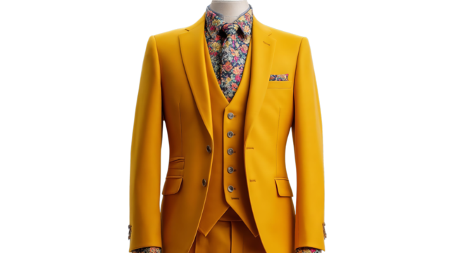 PNG of Stylish men's fashion: vivid yellow suit with floral print shirt, showcasing bold elegance for special occasions.