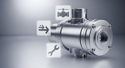 Industrial pump with integrated sensor and maintenance icons representing smart fluid control and automation