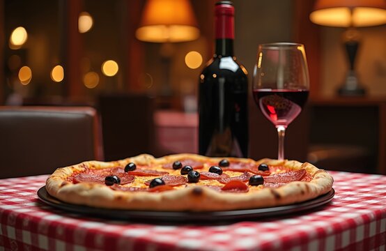 Pizza with olives and pepperoni is on table. Red wine bottle and glass on table. Dining setting with red checkered tablecloth. Restaurant food concept.