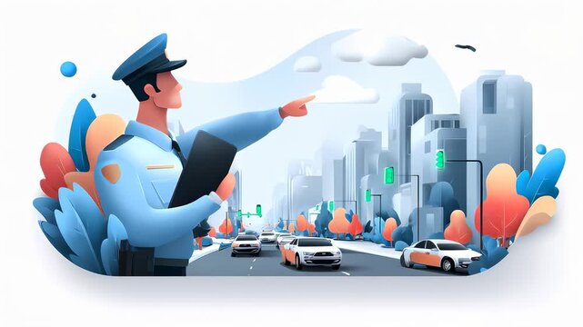 A police officer directing traffic in a stylized urban setting with cars and trees.