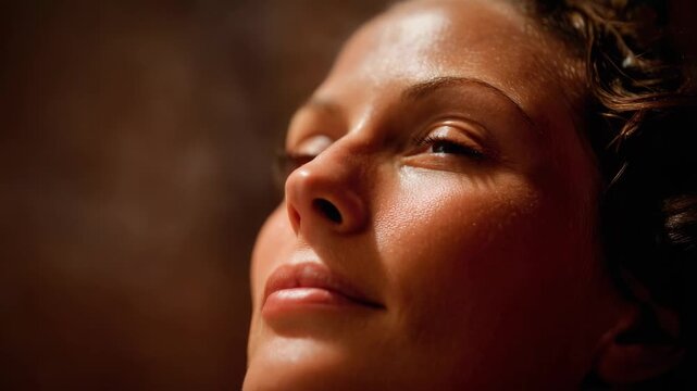 Woman enjoying a facial steam treatment with eyes closed and soft lighting