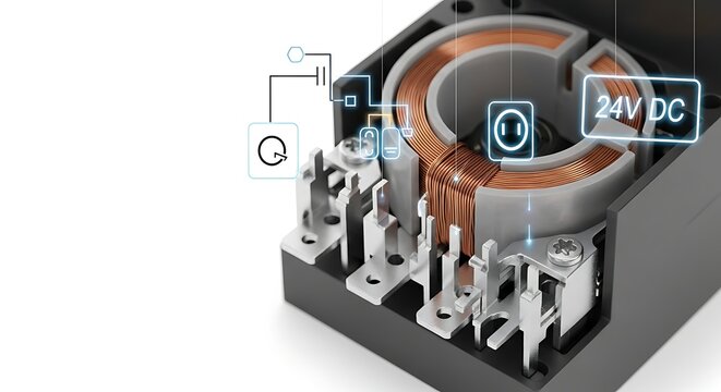 Close-up of a 24V DC relay coil with wiring diagrams, showcasing electrical components and industrial technology