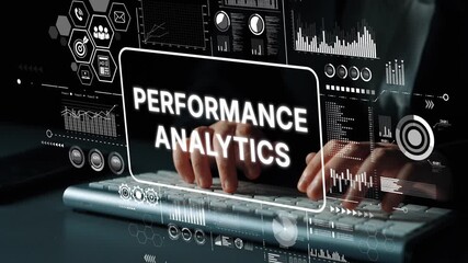 Professional Business Person Analyzing Data Trends on a Keyboard with Graphical Performance Analytics Overlay. Asymptotic smart data analytic. - Powered by Adobe