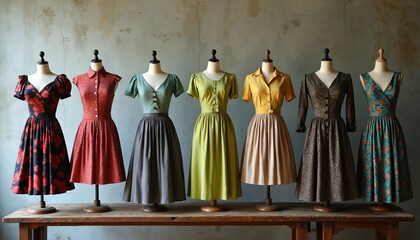 Fototapeta premium Variety of dresses on mannequins in a row. Fashionable apparel collection including different styles colors and fabrics. Dressmaking showcase on display for designers and shops.