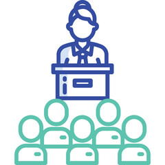 Businesswoman Addressing Audience At Podium In Professional Meeting With Blue And Teal Color Scheme And Minimalist Design