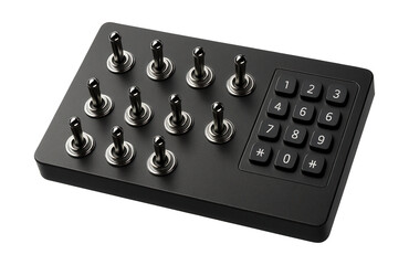 Control panel featuring toggle switches and a numeric keypad.