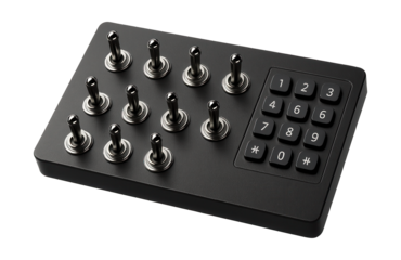 Control panel featuring toggle switches and a numeric keypad.
