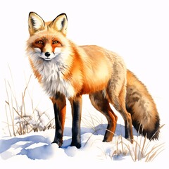 Obraz premium Fox standing in the snow with watercolor style painting, artistic and detailed