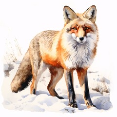 Obraz premium Watercolor painting of a red fox standing in the snow in a bright winter landscape