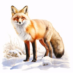 Obraz premium Graceful fox standing alert in a snowy landscape, watercolor illustration