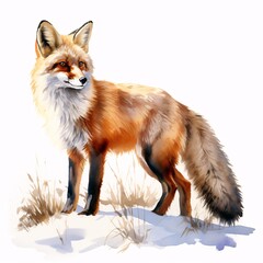 Obraz premium Fox stands alert in a snowy landscape captured in watercolor style illustration