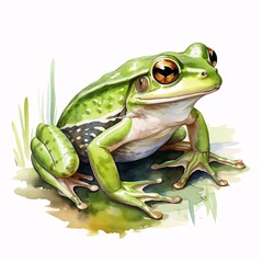 Watercolor illustration of a vibrant green tree frog sitting gracefully on foliage