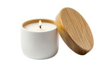 Decorative soy wax candle with wooden lid creating calming and fragrant atmosphere for home isolated on transparent background PNG