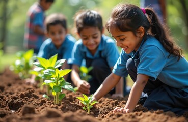 Young Indian children in blue uniforms plant saplings in brown soil, smiling happily while caring for young plants. Kids learn gardening outdoors, cultivating green spaces and future growth.