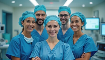 Team of medical professionals smiles confidently in modern hospital setting. Doctors, nurses wear scrubs, caps, projecting competence, dedication to patient care. Image represents collaboration