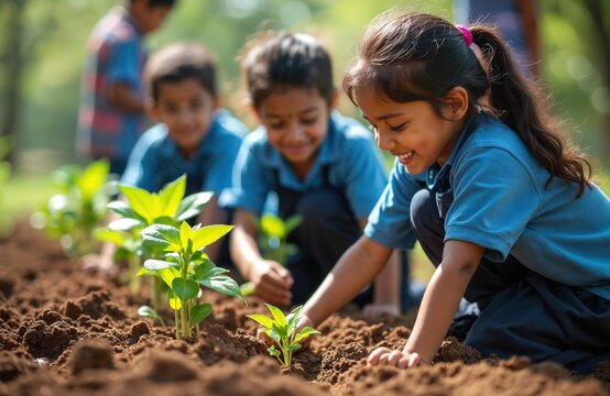 Young Indian children in blue uniforms plant saplings in brown soil, smiling happily while caring for young plants. Kids learn gardening outdoors, cultivating green spaces and future growth.