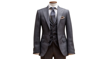 PNG of Elegant men's charcoal suit displayed on a mannequin with a stylish tie and pocket square.