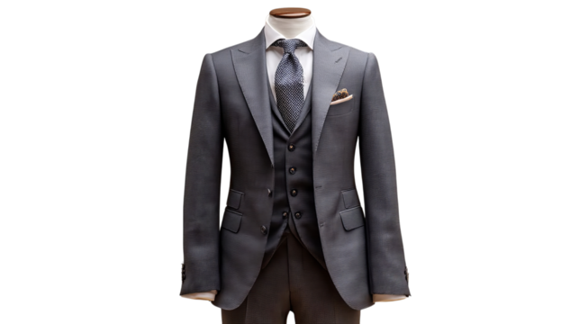 PNG of Elegant men's charcoal suit displayed on a mannequin with a stylish tie and pocket square. - Powered by Adobe