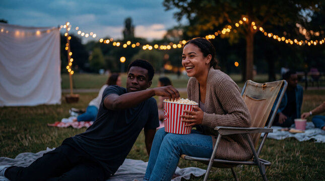 Joyful young friends sharing a bucket of popcorn and laughing while watching an open-air cinema event on a blanket in a park at twilight with string lights. - Powered by Adobe