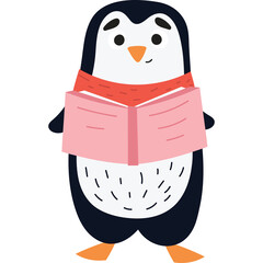 Cute Penguin Character Wearing a Red Scarf Reading a Pink Book with a Transparent Background
