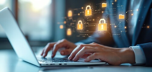 Person types on laptop with digital security locks and file icons appearing. Computer user interacts with cyber network for data protection and access control.