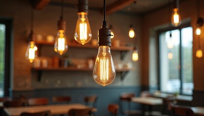 Cafe interior with vintage style decor and exposed filament Edison light bulbs hanging from ceiling. Multiple light bulbs illuminate room with warm glow. Tables and chairs are arranged in background.