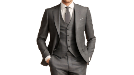 PNG of Stylish Caucasian male model in a tailored grey three-piece suit with a tie, exuding confidence and elegance.