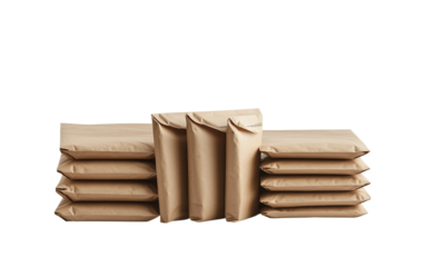 Creative flat lay of kraft mailers designed for environmentally conscious packaging and delivery isolated on transparent background PNG