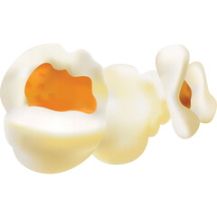 Close up of three fluffy white popcorn pieces with bright orange centers against a clean white background soft lighting highlights the texture and shape of the kernels