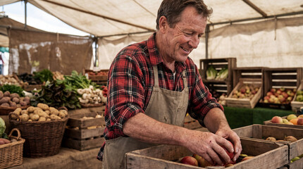 A mature, smiling farmer in a plaid shirt and apron arranging fresh apples in a wooden crate at his outdoor stall, surrounded by organic fruits and vegetables.