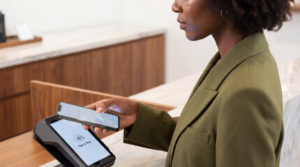 African American woman in a green blazer using a smartphone to make a contactless NFC payment by tapping the screen against a digital card reader at a checkout counter.