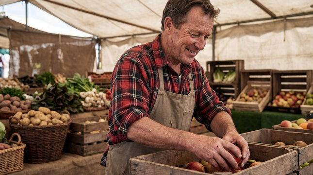 A mature, smiling farmer in a plaid shirt and apron arranging fresh apples in a wooden crate at his outdoor stall, surrounded by organic fruits and vegetables. - Powered by Adobe