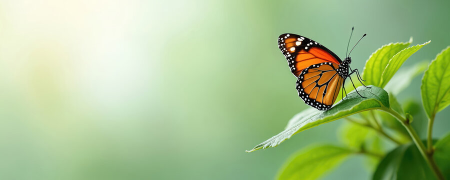 Beautiful monarch butterfly rests on vibrant green leaf in nature. Insect shows bright orange wings with black patterns, white spots. Soft natural light illuminates plant in serene garden. Image