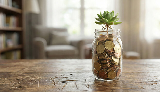 Tarro de cristal con monedas y una peque&ntilde;a planta creciendo encima sobre una mesa de madera.