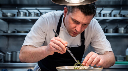 Focused male chef in white uniform carefully placing herb garnish on a plate using tweezers in a professional stainless steel restaurant kitchen environment.
