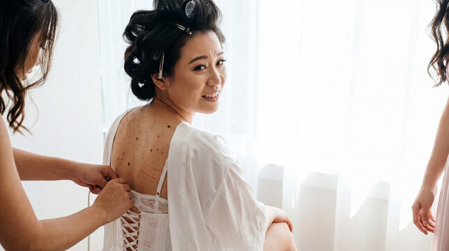 A smiling Asian bride with her hair in rollers being helped by a bridesmaid to lace up her dress or corset by a bright window on her wedding day. - Powered by Adobe