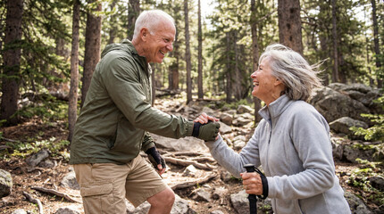 A cheerful senior couple hiking outdoors in a sunny, rocky forest, holding hands for support and laughing while enjoying their active lifestyle.