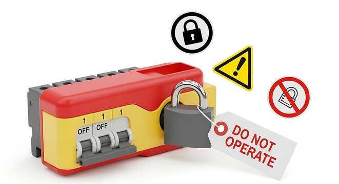 Essential industrial safety lockout tagout device with warning tag and padlocks, preventing accidental equipment operation during maintenance procedures