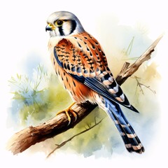 Watercolor painting of an american kestrel perched on a tree branch in a natural setting