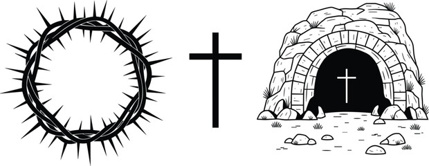 Crown of thorns, Christian cross, empty tomb illustration symbolizing resurrection, Easter faith, hope, salvation, religious spirituality, biblical imagery artwork