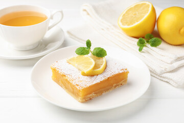 Tasty lemon bar with powdered sugar and mint served on white wooden table, closeup