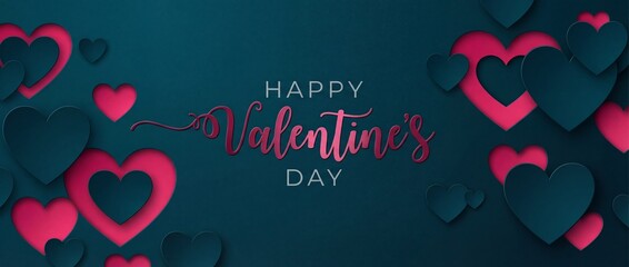 Happy Valentine's Day text with cutout paper hearts on green background 3D Rendering, 