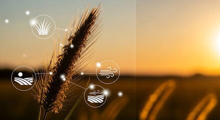 Golden grain field with digital farming technology overlay, illustrating data-driven agricultural management, sustainable practices, and optimized future harvest