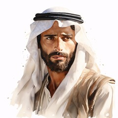 Portrait of a sheikh with a stern expression in watercolor style